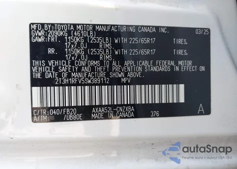 2025 Toyota Rav4 Le из США, поврежденный, VIN 2T3H1RFV5SW389112